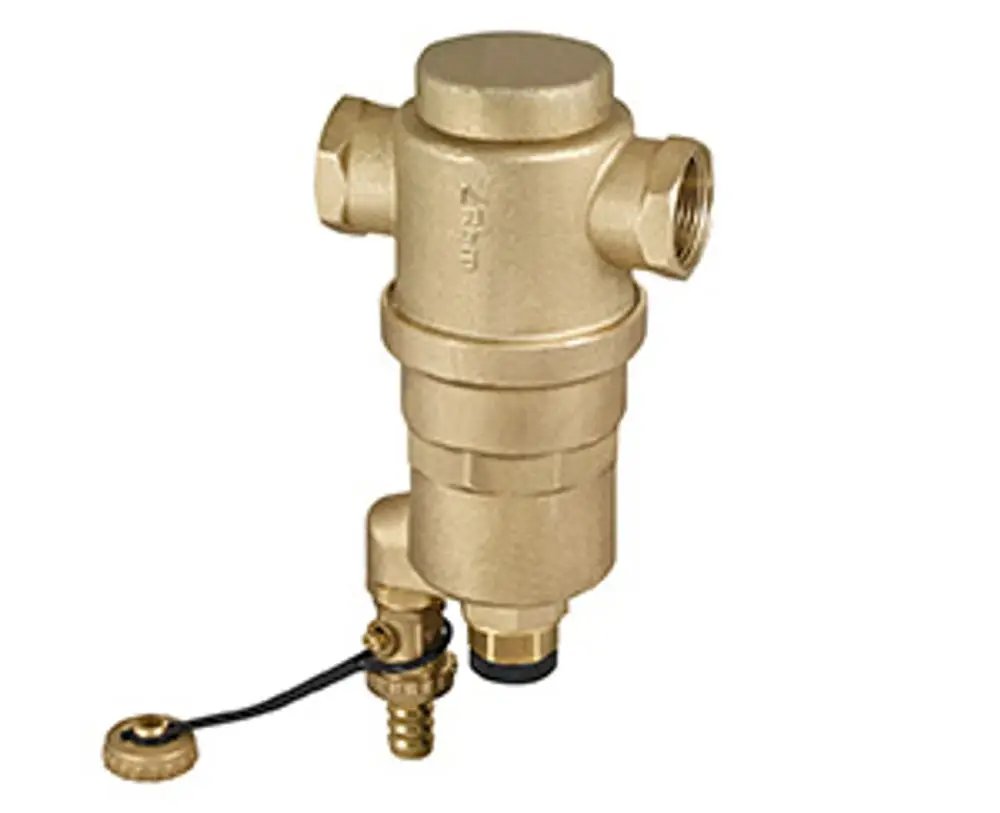 Magnetitfilter von Vaillant in horizontaler Bauform, aus Messing, mit drei Anschlüssen und einem Entlüftungsventil zur Installation in Heizungsanlagen.